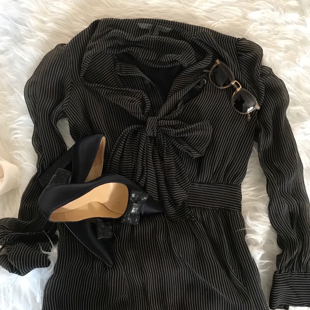 DVF Black w/ Tan Stripes Neck Tie Dress